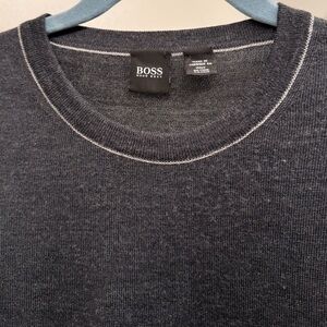 BOSS Men's Gray Wool blend Sweater with white accenting at collar and hem